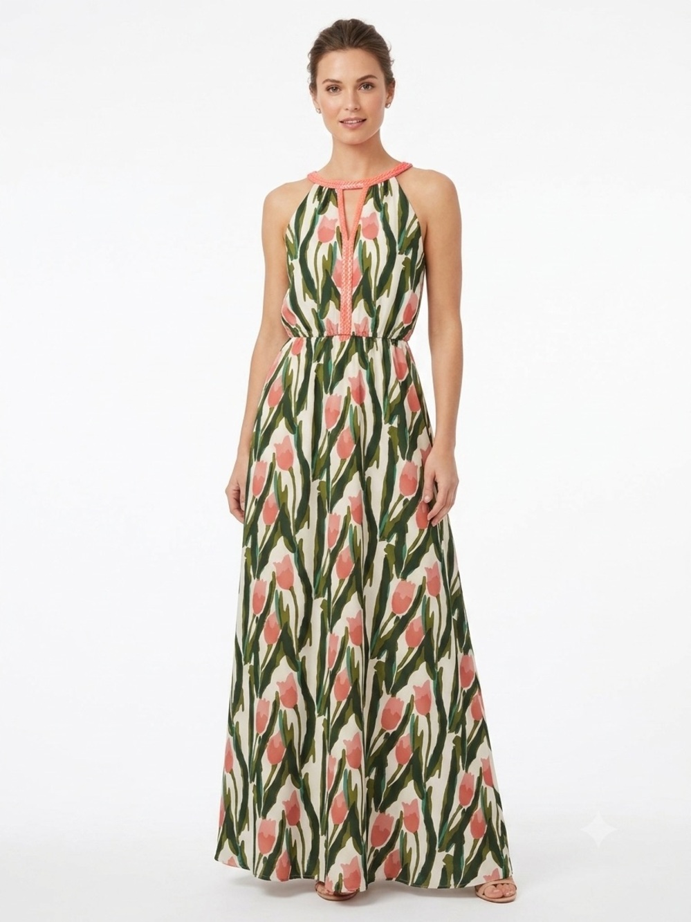 Anthropologie VINEET BAHL Pink Floral Halter Maxi Dress with Green Leaf Print